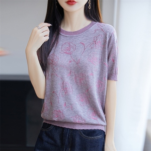 莱赛尔天丝烫钻针织短袖T恤女2025夏季轻薄凉感宽松气质小衫上衣图片