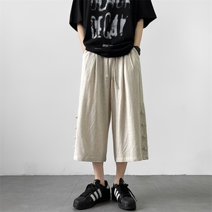 8XL-M新中式亚麻裤男七分裤阔腿裤垂感休闲短裤风棉麻K966P45图片