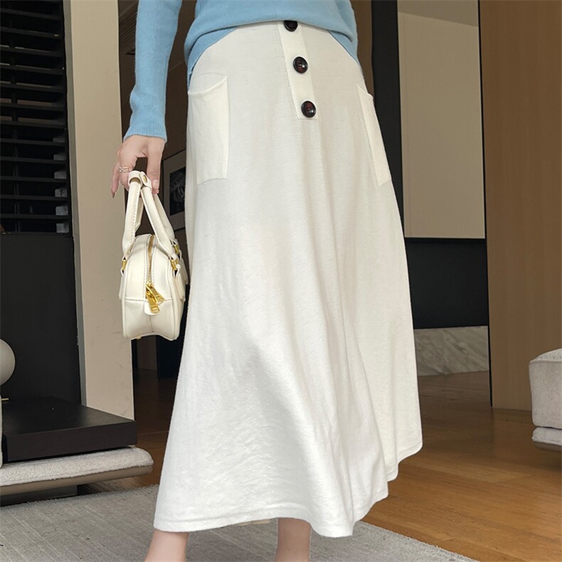 秋冬简约中长款百搭高腰3扣针织双兜半身裙，女装半身裙，圣丽羊绒