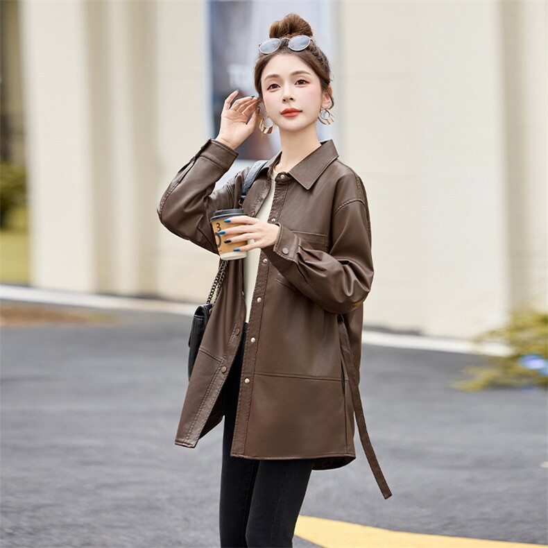 2025春秋女士新款中长款时尚简约韩版宽松复古长袖皮衣风衣外套,女装皮衣,潮流依族