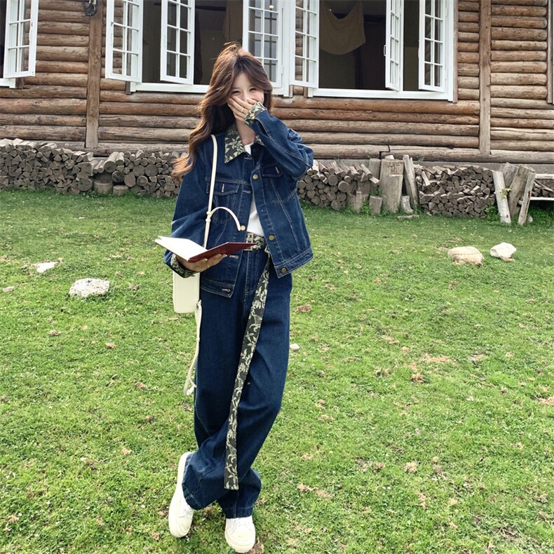 港风印花拼接翻领牛仔衬衫套装女秋季2025新款显瘦阔腿裤两件套,女装套装/套裙,2C230