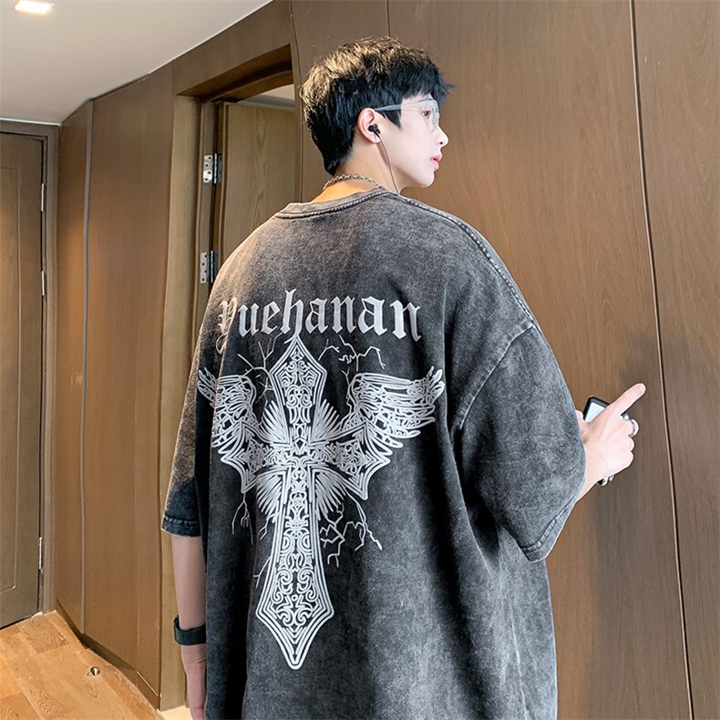 抖音供货、210克现货水洗棉印花宽松版短袖T恤D223A-T22136-P30,男装T恤,电商019-1