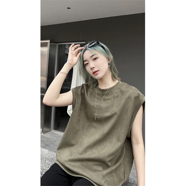 港风大码网红麂皮绒圆领无袖T恤背心男女XZ213-T070-P35控48,男装背心/马甲,星座213