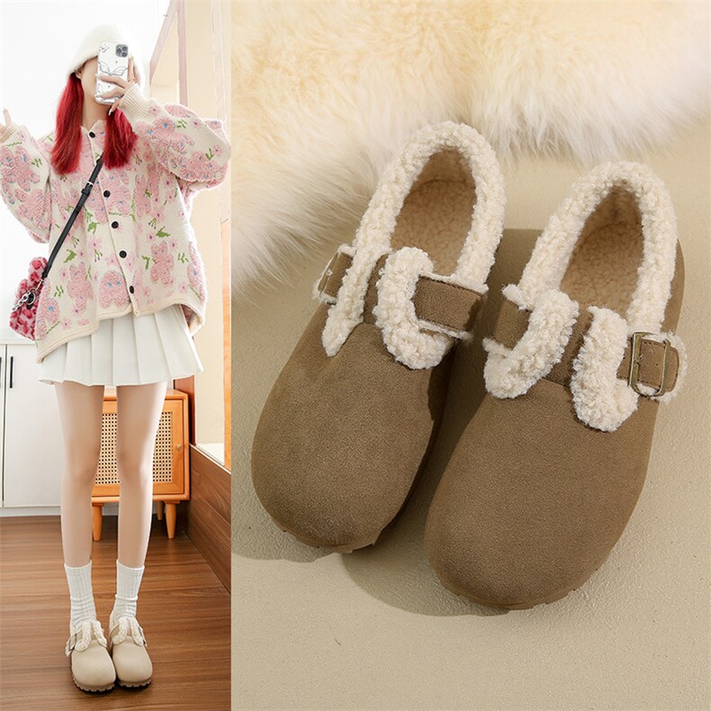 韩版加绒毛毛鞋女2024秋冬保暖平底鞋ins潮学生休闲复古棉鞋，女鞋毛毛鞋，电商A223