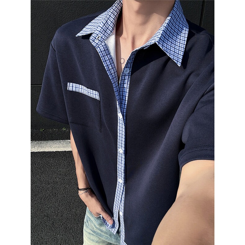 格子拼接撞色夏季潮流假两件衬衫男士翻领短袖休闲百搭BF半袖P40,男装T恤,电商C306-1