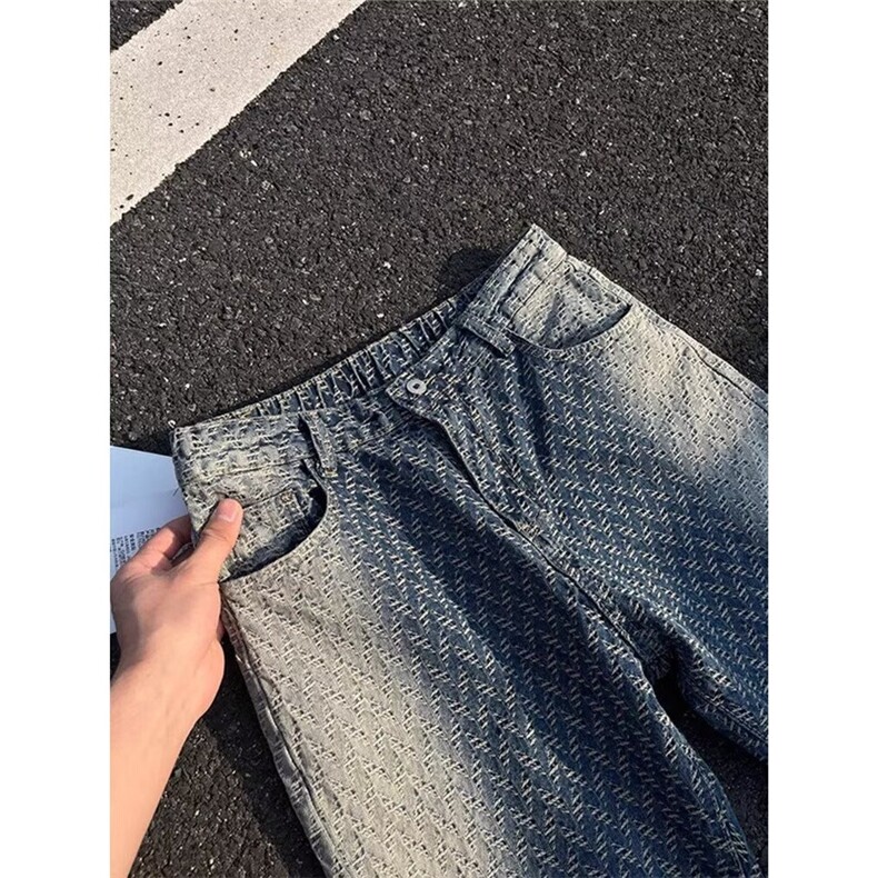 美式复古渐变编织牛仔裤男高街痞帅直筒微喇裤子1001-1-NK703-P48,男装牛仔裤,星座1001-1