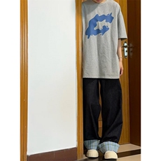 【有货】美式格子拼接卷边牛仔裤男女阔腿裤子高街NZ011HH-特P48，男装牛仔裤，星座1007（原301D）