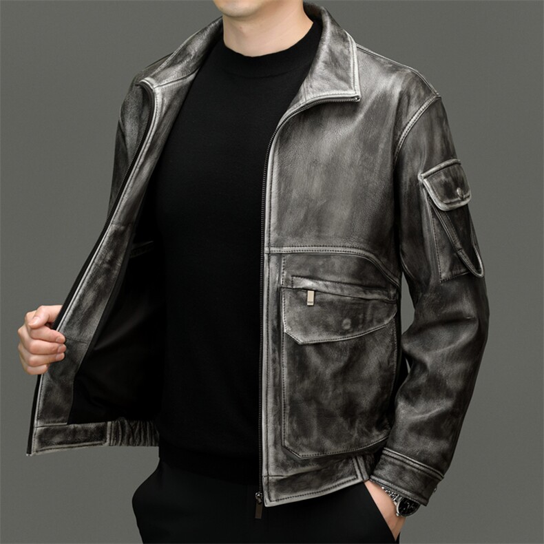海宁真皮皮衣2025年秋冬新款中年男士立领牛皮机车夹克大口袋外套，男装夹克，电商B360A（原721A）