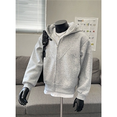 假模春秋新款硬挺连帽接拼宽复古潮开衫卫衣外套WT15-P68灰色，男装卫衣，电商C310