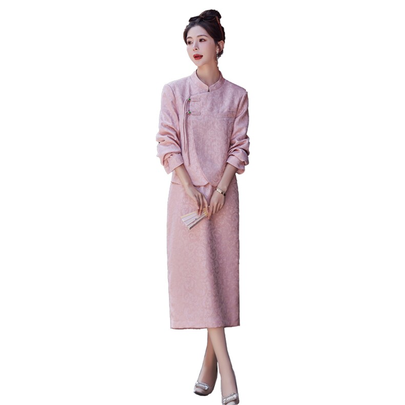 现货新中式2024年春装新款复古高级优雅气质重磅提花两件套女,女装套装/套裙,深水步