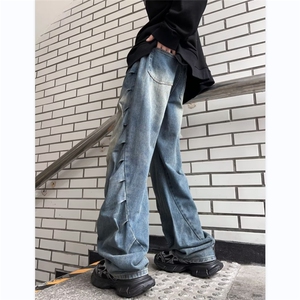 美式牛仔裤男韩版潮流褶皱高街帅2023秋冬新款ins长裤KR1145-P50图片