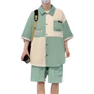 港风夏潮流印花拼接开衫宽松短袖衬衣短裤帅气套装 A436-D217-P60图片