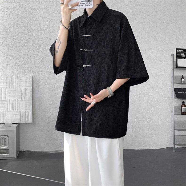 手缝飞机扣新中式冰丝短袖衬衫大码高级感唐装衬衣外套DC5009/P50,男装衬衫,电商B238