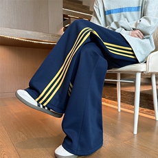 直筒休闲卫裤男生秋季条纹撞色拼接弯刀裤cleanfit宽松大码阔腿裤，男装休闲裤，电商A007