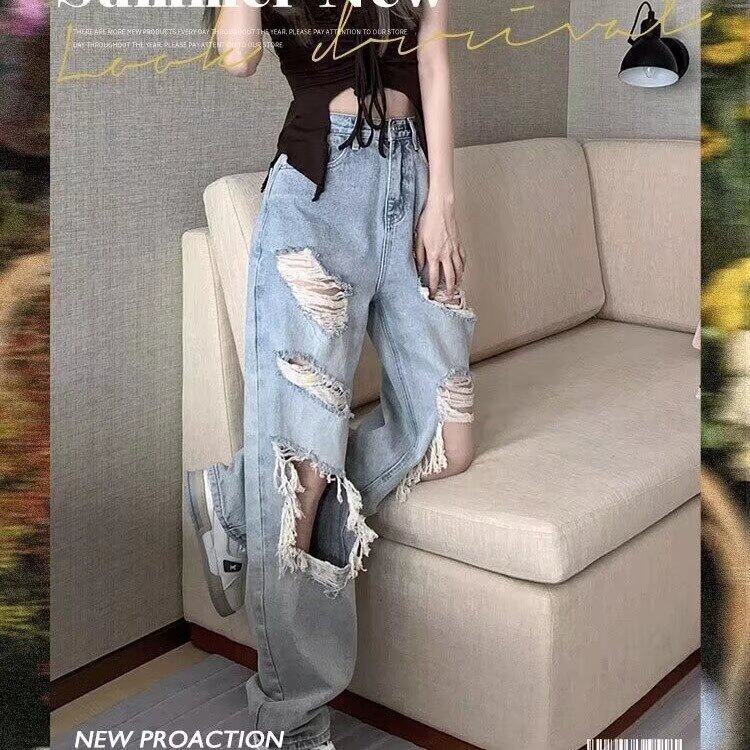 时尚大破洞直筒牛仔裤女夏季新款显高腰露膝盖街头乞丐阔腿长裤,男装牛仔裤,星座506A