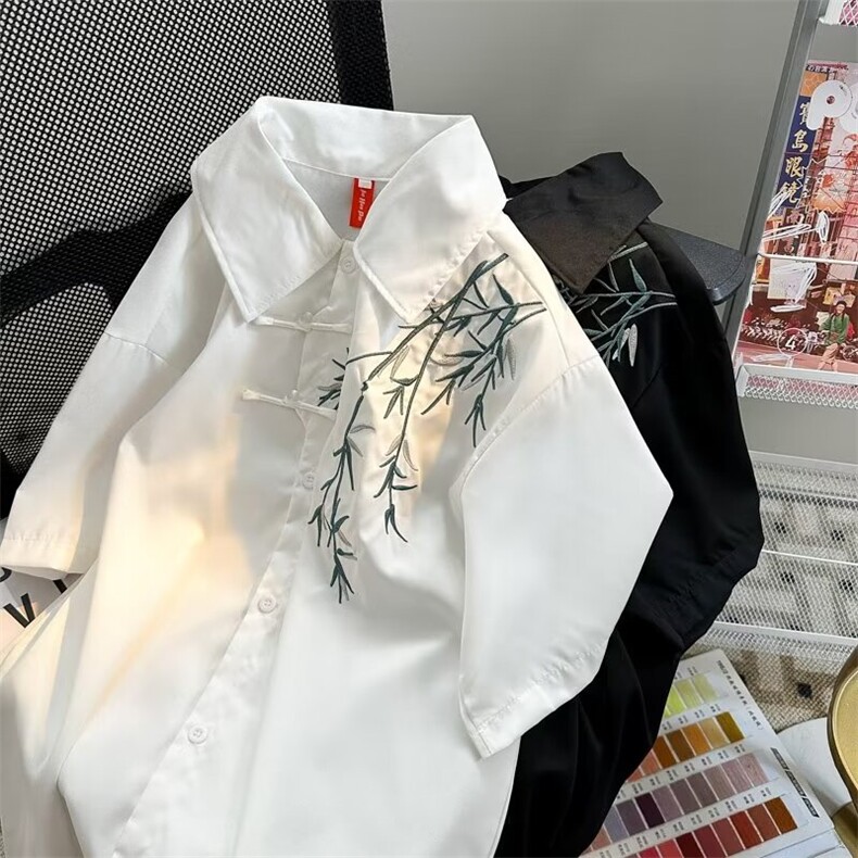 新中式风盘扣刺绣衬衫男士短袖夏季2025新款C277P36,男装T恤,星座1116-2