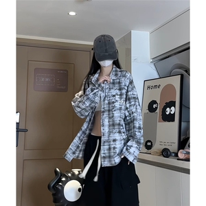 韩版晕染格子衬衫字母款潮流外搭上衣衬衫A061-AC00571-P80图片