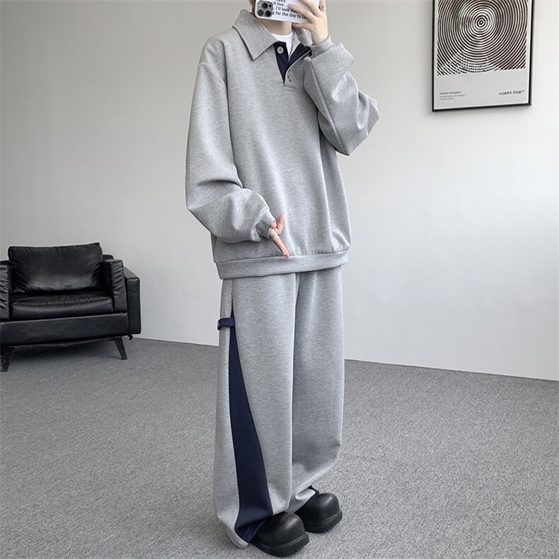 5XL-M潮流高级感披肩撞色拼接翻领百搭卫衣宽松弯刀长裤TZ113P118，男装休闲套装，电商D206-1