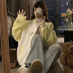 A474-P100 小熊拼接棒球服男女同款春秋新款图片