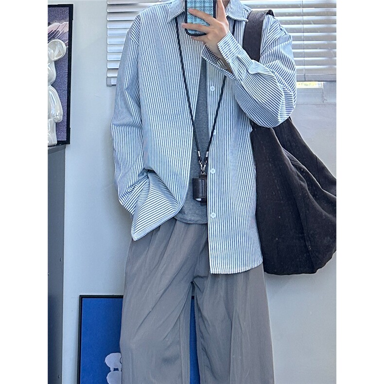 高品质牛仔条纹衬衫潮牌长袖衬衣潮流宽松休闲外套CS017-P30,男装衬衫,星座301C-5