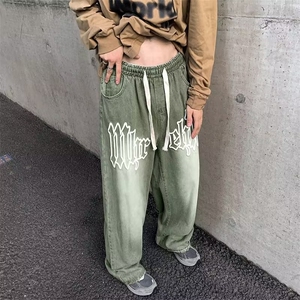 美式街头水洗做旧牛仔裤男潮牌直筒高街裤宽松阔腿长裤子334-p45图片