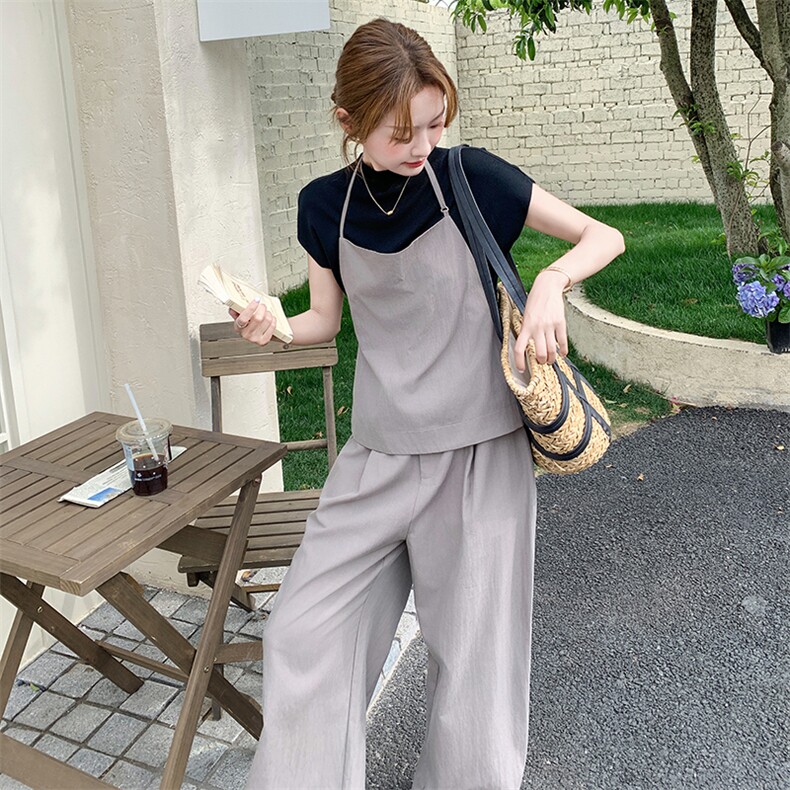 高级感老钱风气质套装女2025夏新款今年流行短袖吊带阔腿裤三件套图片