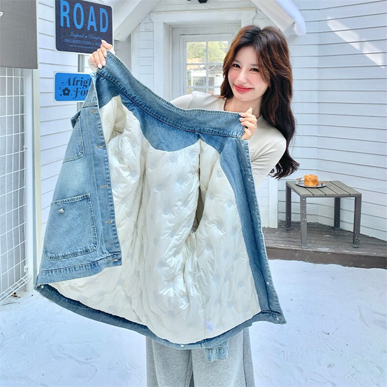 美式牛仔派克羽绒服女冬新款超火好看高级小众加绒加厚工装短外套,女装派克服,2C277