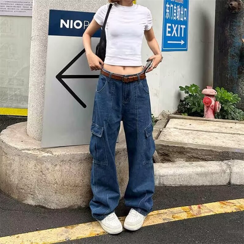 深蓝色工装牛仔裤女2025春夏季新款高腰显瘦美式高街直筒阔腿裤,男装牛仔裤,星座506A