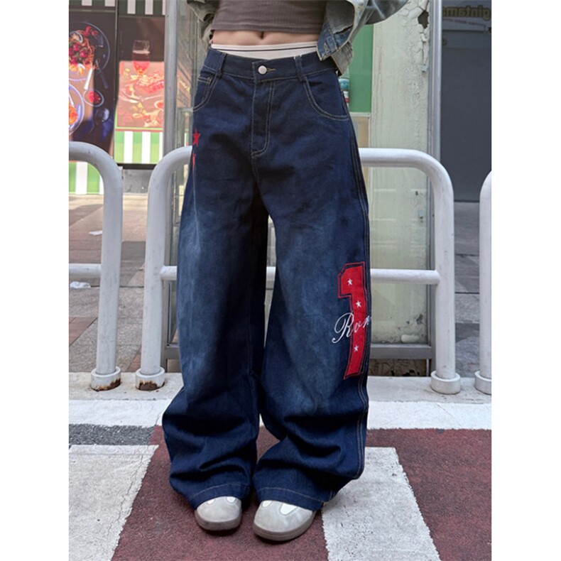 复古刺绣弯刀牛仔裤女秋季新款宽松直筒阔腿拖地长裤子NK1010,男装牛仔裤,星座1116A（原606A-3）