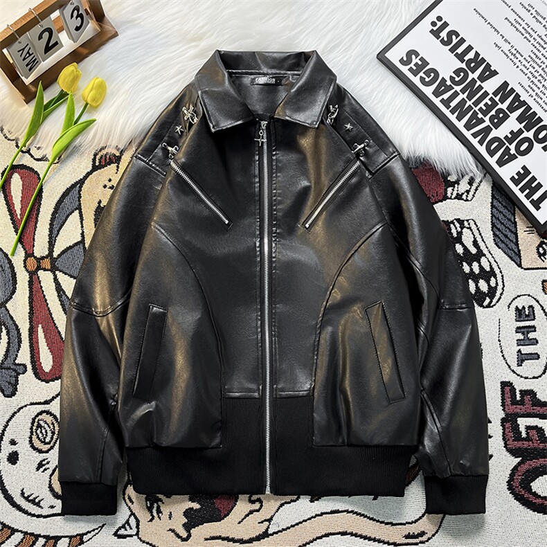 得物品质秋男皮衣十字架拉链铁环装饰休闲外套JK0801P90,男装皮衣,星座1013-1