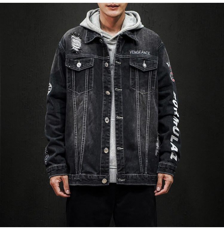 jk818-p80 M-5XL黑墙ins牛仔夹克绣花破洞大码男日系CITYBOY图片
