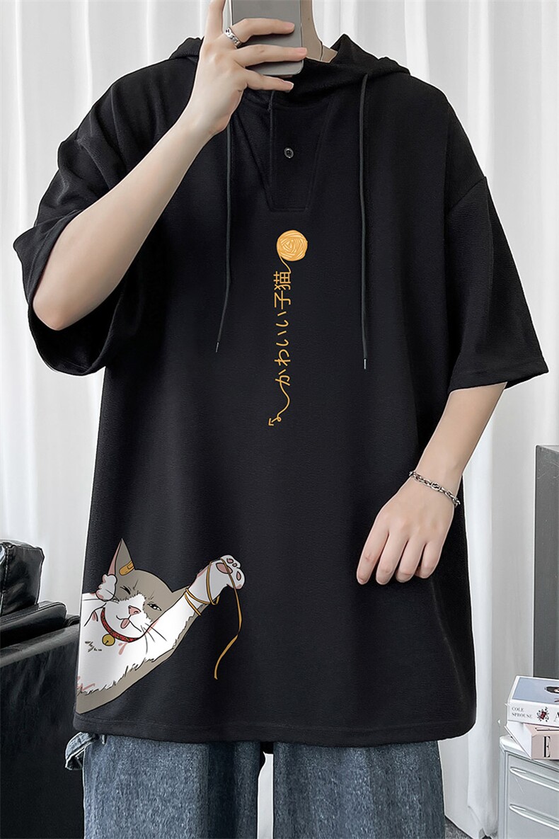 LD54013-P45连帽短袖t恤男大码胖子带帽五分袖中袖,男装T恤,电商A040
