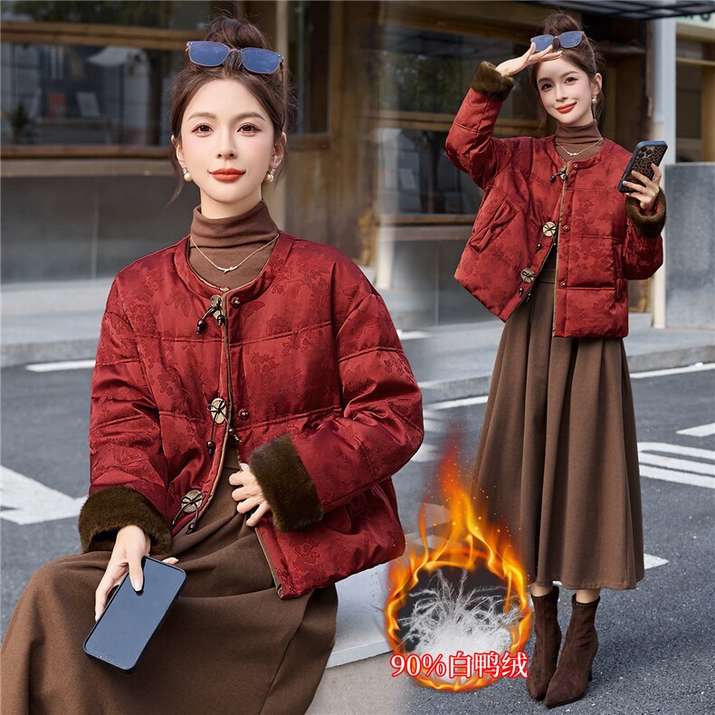 【bao款新年战袍】2025冬装新款仿貂毛提花羽绒服外套含90%白鸭绒,女装羽绒服,雅静靓衣