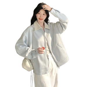 蓝色翻领短款外套女2025秋季新款小个子宽松时尚百搭夹克休闲夹克图片