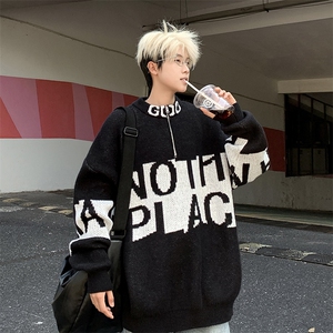 美式潮牌字母提花半拉链高领毛衣男春秋街头宽松针织衫Y01-P48图片