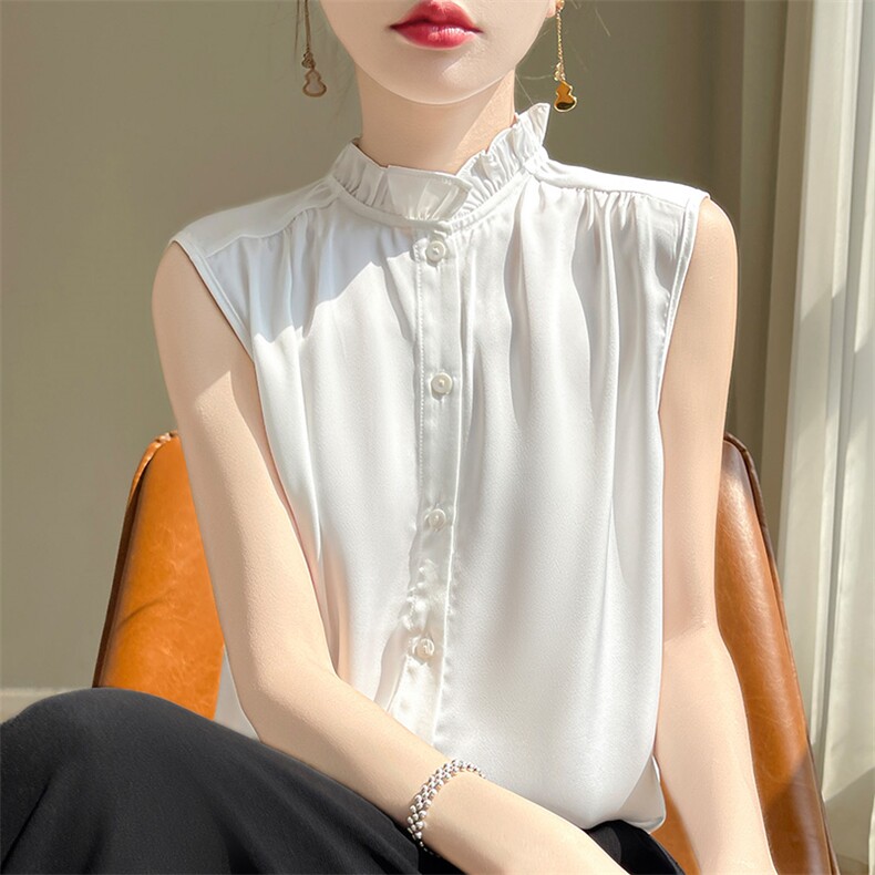 24夏季新款真丝吊带木耳边醋酸背心女无袖T恤西服内搭打底衫上衣,女装T恤,凯思米羊绒