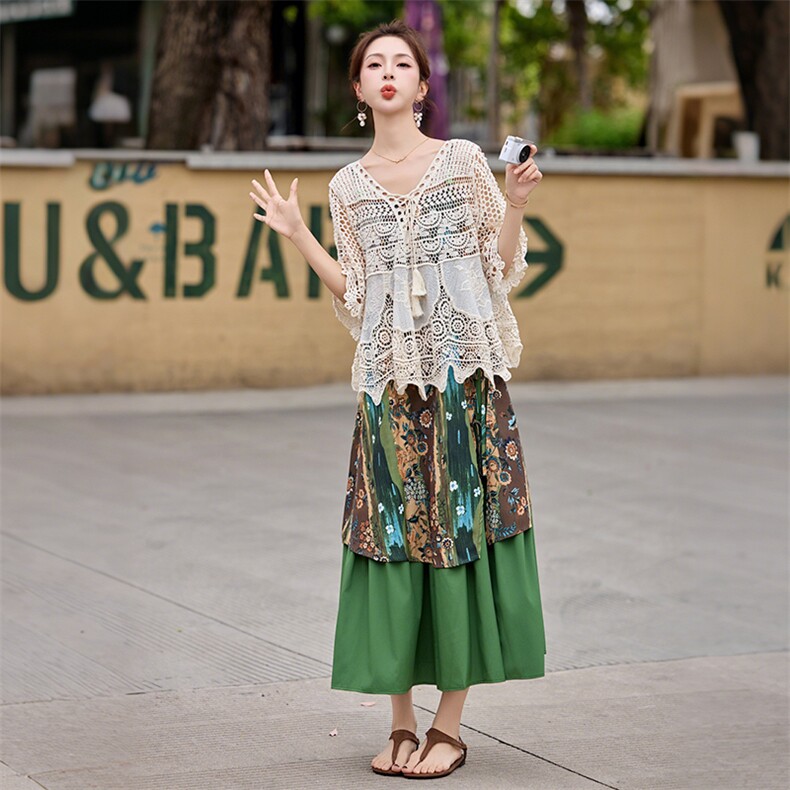 蕾丝钩花显瘦罩衫+波西米亚印花吊带裙肩带可调两件套套装,女装套装/套裙,采品优优