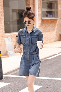 时尚显瘦牛仔连体裤女夏季新款高腰宽松短裤学生百搭休闲工装裤图片