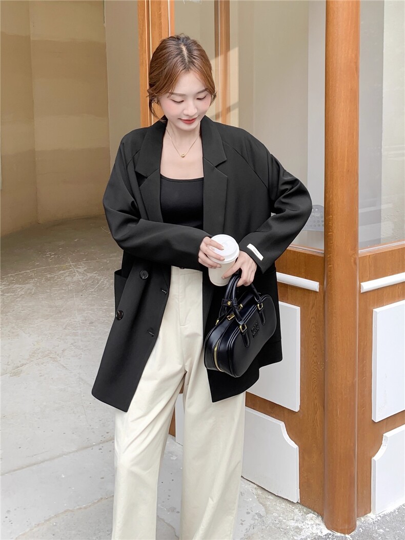休闲薄款西服黑色翻领宽松西装外套秋,女装西装,2C033