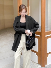 休闲薄款西服黑色翻领宽松西装外套秋，女装西装，2C033