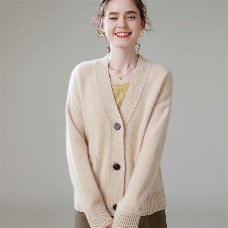 纯色长袖35%山羊绒2025年秋季时尚单排扣羊绒衫，女装羊绒衫，萨奥羊绒