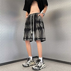 美式扎染水洗牛仔短裤男夏季薄款宽松大码潮牌设计感小众五分中裤，男装牛仔裤，星座410-7