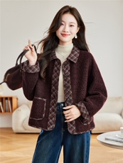 2025年冬季格子拼接羊羔毛上衣皮毛一体外套，女装羊羔毛/颗粒绒，简韵佳