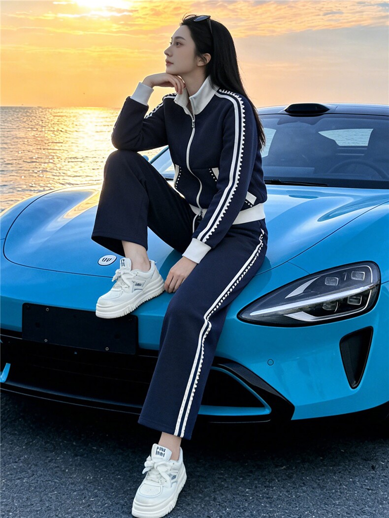 高级时尚休闲套装女春季订珠拼接色拉链开衫卫衣长半身裙两件套潮,女装套装/套裙,江南