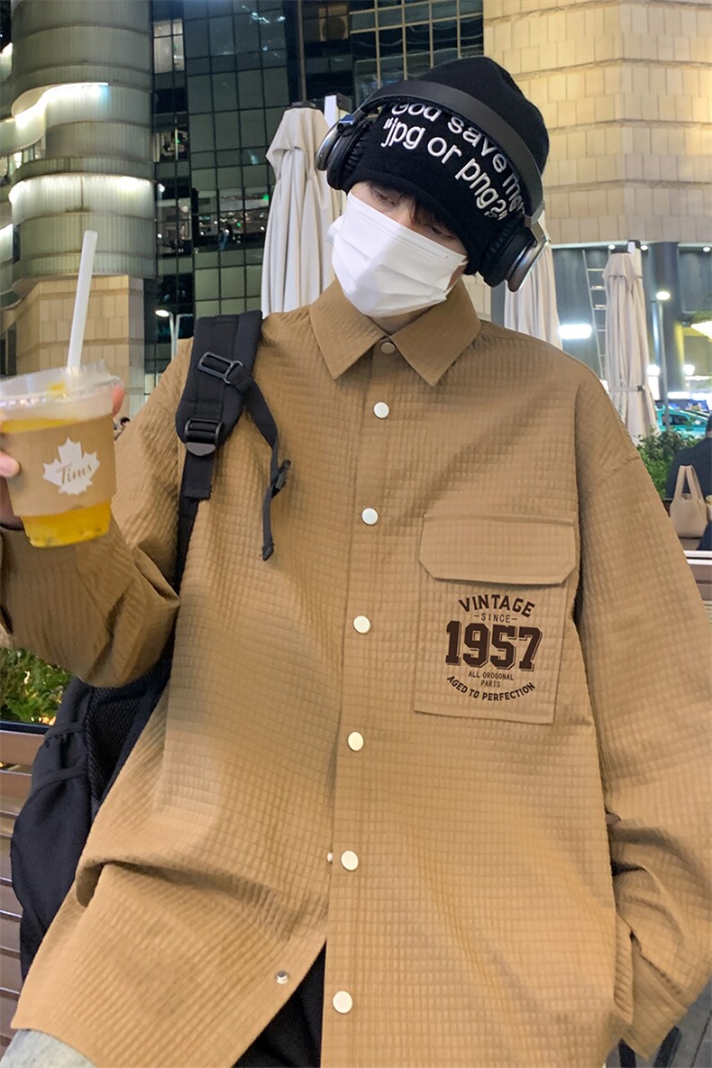 港风24春季新款面包格印花宽松翻领衬情侣衫外套S91P45控68,男装衬衫,电商A247