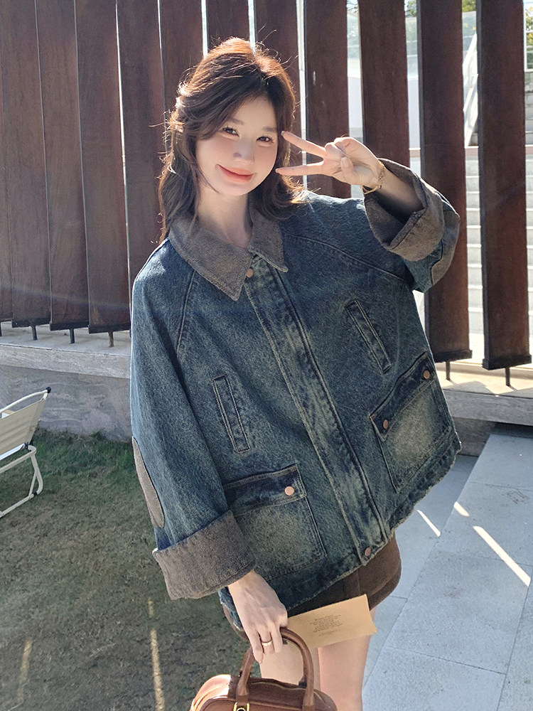 蓝色复古撞色拼接牛仔外套女2025春秋新款设计感炸街翻领夹克上衣,女装短外套,含赞