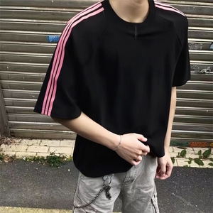 抖音得物品质二开240克宽松纯棉美式潮牌印花三条杠中性风短袖T恤图片