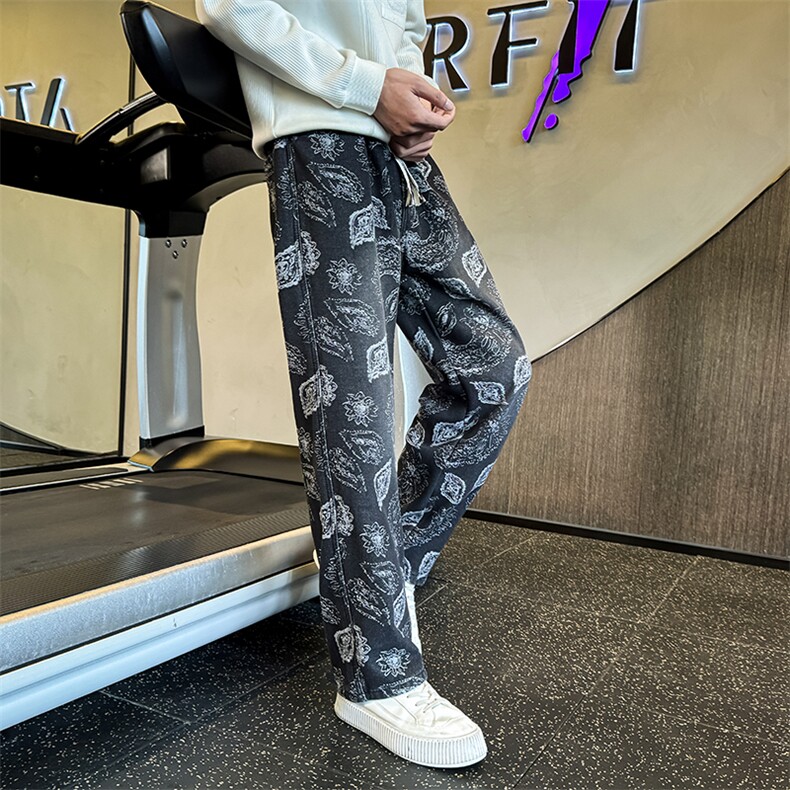 秋冬加绒牛仔裤男士个性树叶印花直筒牛仔弯刀裤潮901N50加绒P68,男装牛仔裤,星座901