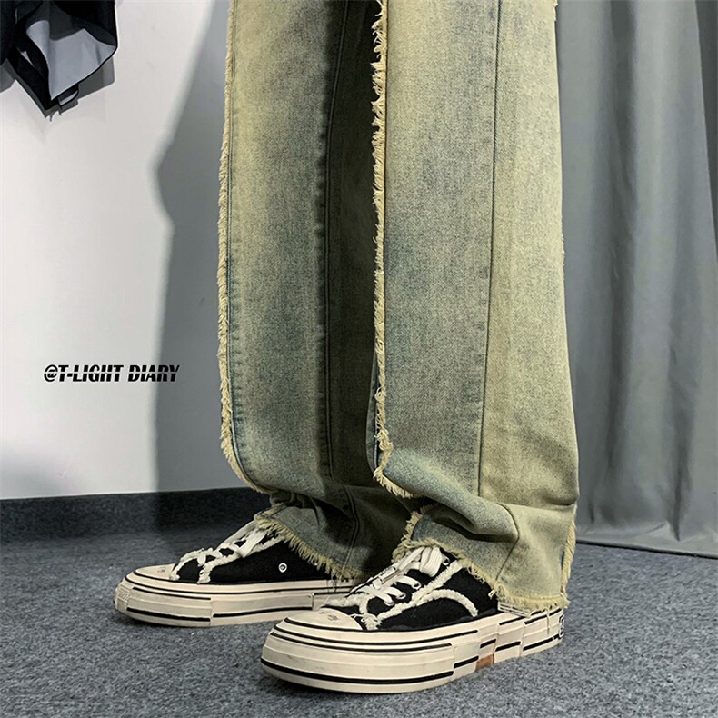 B221美式ins高街小众情侣款毛边直筒牛仔裤LK23013-P60控78,男装牛仔裤,电商B221