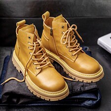 马丁靴男2022秋季新品大黄靴子牛皮复古百搭踢不烂工装靴子男潮鞋，男鞋马丁靴，电商A223